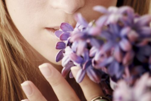 花の香りを嗅ぐ